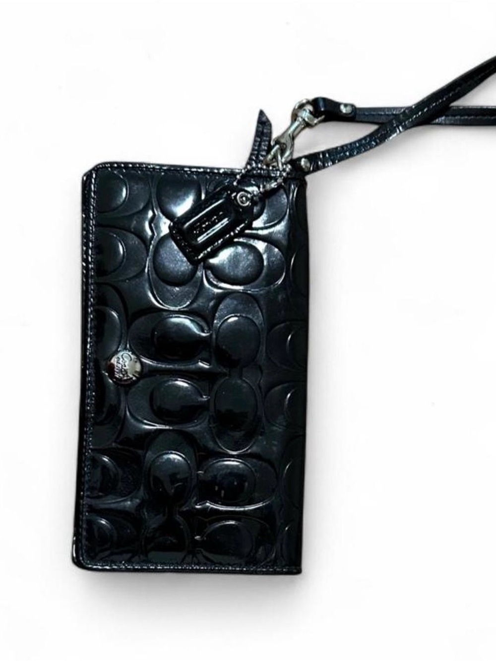 Coach Black Patent Leather Signature Wristlet Phone Case